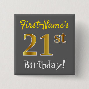 Badge Carré 5 Cm Gris, anniversaire d'or de Faux 21ème, avec le no