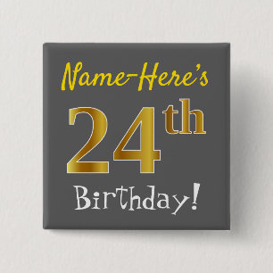 Badge Carré 5 Cm Gris, anniversaire d'or de Faux 24ème, avec le no