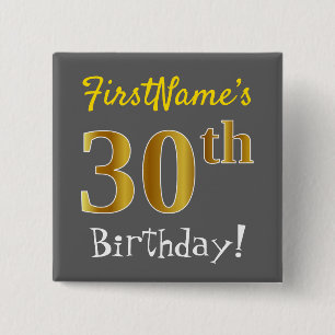 Badge Carré 5 Cm Gris, anniversaire d'or de Faux 30ème, avec le no