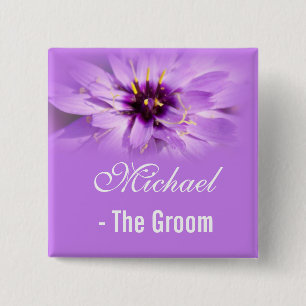 Badge Carré 5 Cm groom, fleur marguerite violette mariage nom pin