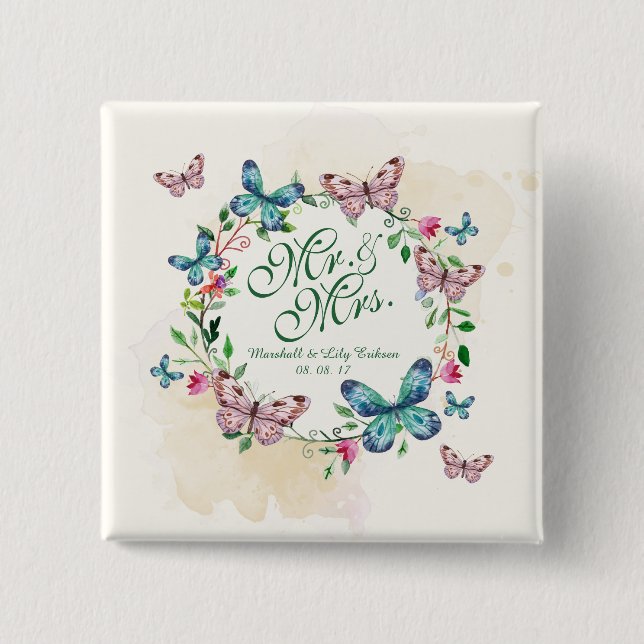 Badge Carré 5 Cm Guirlande personnalisée de papillon épousant le (Devant)