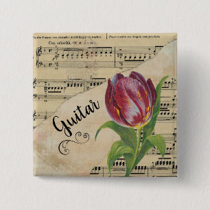 Badge Carré 5 Cm Guitare Elegant Tulip Partition Vintage