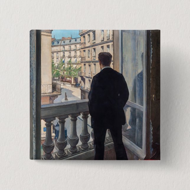 Badge Carré 5 Cm Gustave Caillebotte - Homme à la fenêtre (Devant)