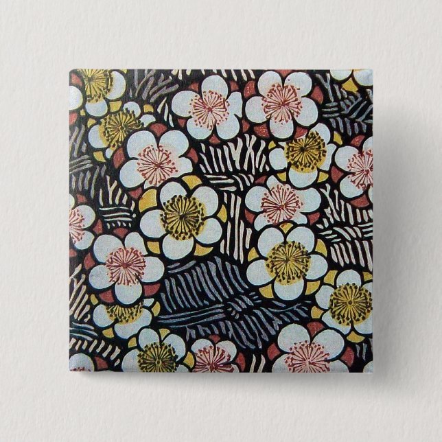 BADGE CARRÉ 5 CM HAIKU/ FLEURS DE PRINTEMPS JAUNE ROSE BLANC NOIR (Devant)