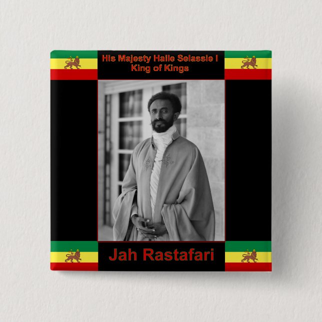 Badge Carré 5 Cm Haile Selassie le lion de Judah, Jah Rastafari (Devant)