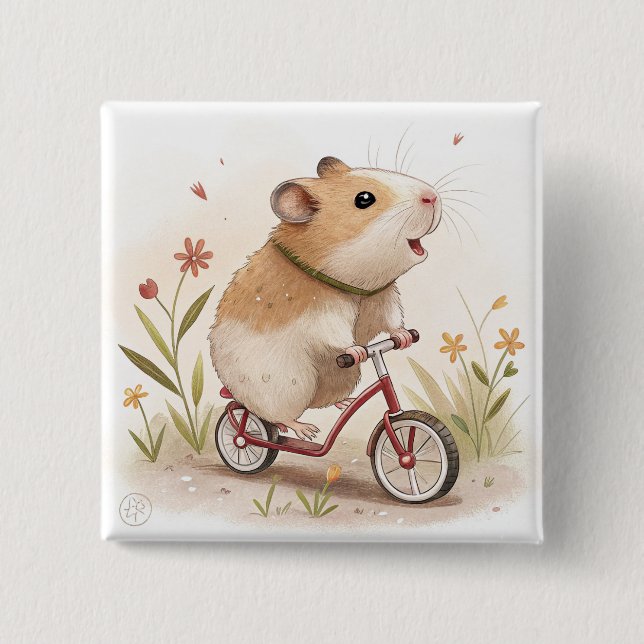 Badge Carré 5 Cm Hamster En Vélo (Devant)