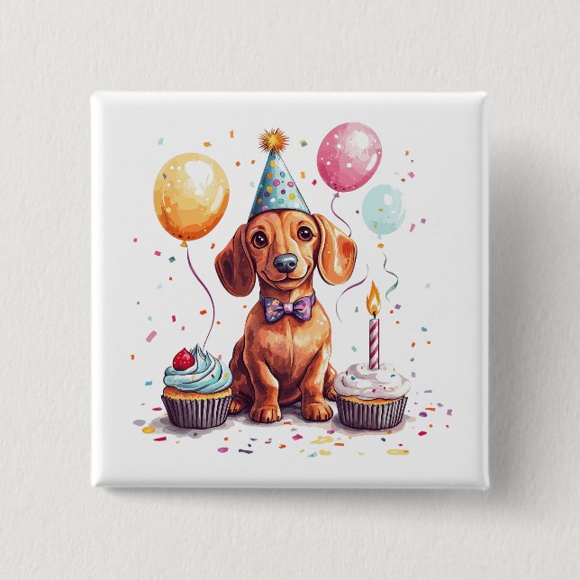 Badge Carré 5 Cm Happy Birthday Dachshund Dog  (Devant)