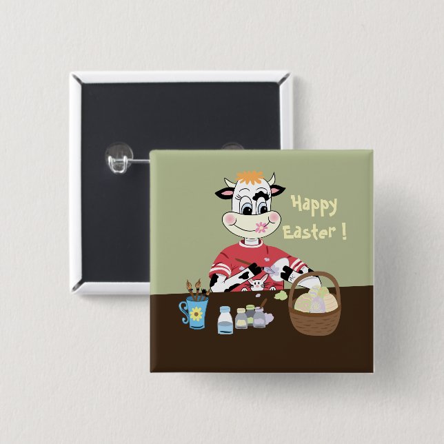 Badge Carré 5 Cm Happy Easter egg painting event button (Devant & derrière)