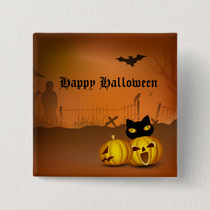 Badge Carré 5 Cm Happy Halloween Citrouille noir Patch Chat