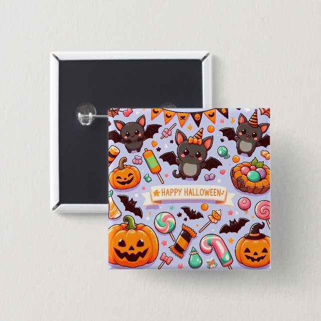 Badge Carré 5 Cm Happy halloween cute bats candy (Devant & derrière)