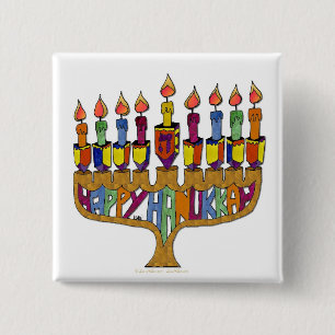 Badge Carré 5 Cm Happy Hanukkah Dreidels Menorah