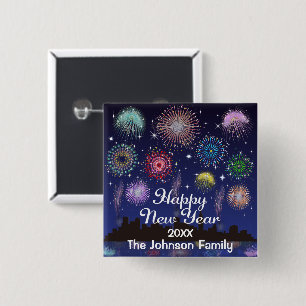 Badge Carré 5 Cm Happy New Year Fireworks