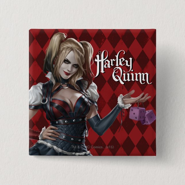 Badge Carré 5 Cm Harley Quinn Avec Dice Fuzzy (Devant)