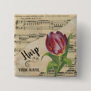 Badge Carré 5 Cm Harp Tulip Vintage Partition Musique Customisée