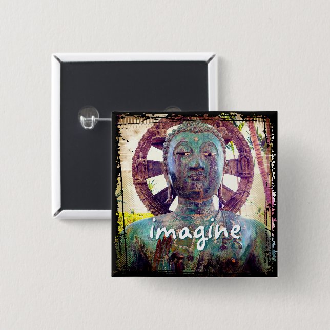 Badge Carré 5 Cm Hawaii Bouddha Turquoise Photo Imagine Script Bold (Devant & derrière)