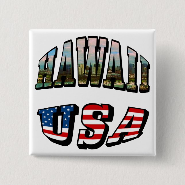 Badge Carré 5 Cm Hawaii Picture et USA Flag Text (Devant)