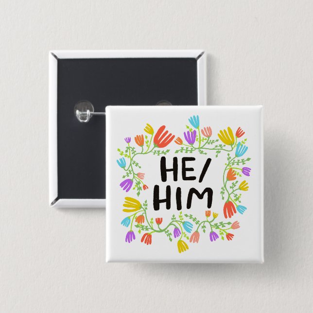 Badge Carré 5 Cm HE/HIM Pronouns Rainbow Floral Wreath (Devant & derrière)