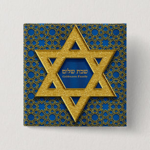 Badge Carré 5 Cm Hébreu Shabbat Shalom Gold Star de David Blue