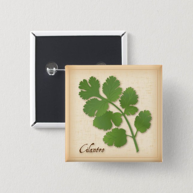 Badge Carré 5 Cm Herbe de coriandre (Cilantro Herb Button, aromatic leaves with a distinctive flavor.)