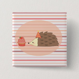 Badge Carré 5 Cm Hérisson et petit gâteau de partie