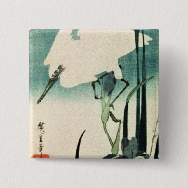 Badge Carré 5 Cm Héron et iris blancs (Devant)