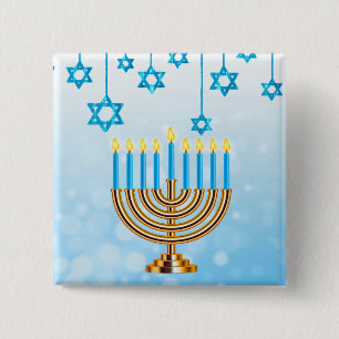 Badge Carré 5 Cm Heureux Hanoukka Menorah