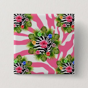 Badge Carré 5 Cm Hibiscus tropical et rayures exotiques de zèbre ro