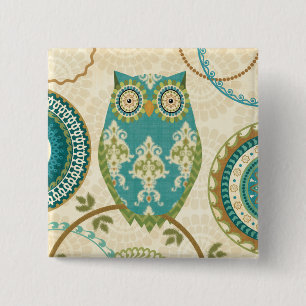 Badge Carré 5 Cm Hibou avec les motifs circulaires