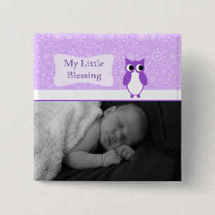 Badge Carré 5 Cm Hibou pourpre avec la nouvelle photo de bébé de
