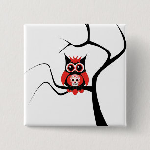 Badge Carré 5 Cm Hibou rouge de crâne de sucre dans le bouton
