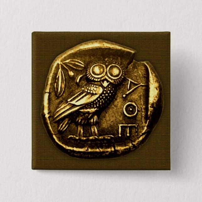 Badge Carré 5 Cm Hibou sur la pièce de monnaie du grec ancien (Devant)