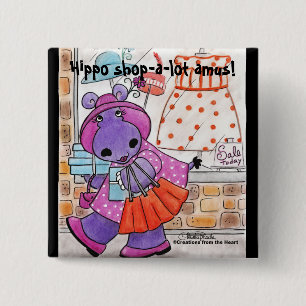 Badge Carré 5 Cm Hippo Shopping-Hippo shop-a-lot amus!