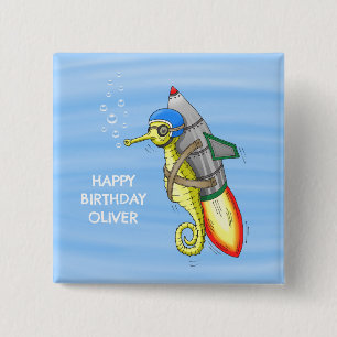 Badge Carré 5 Cm Hippocampe Fusée Anniversaire