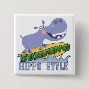 Badge Carré 5 Cm Hippopotame de surfer