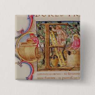 Badge Carré 5 Cm Historiated parafent "E" dépeignant la cueillette