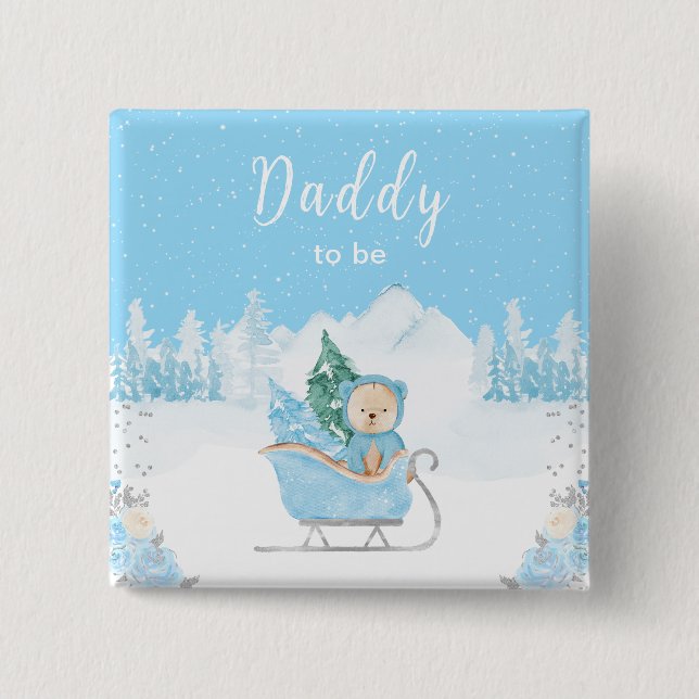 Badge Carré 5 Cm Hiver Ours Bleu Sleigh Papa être (Devant)