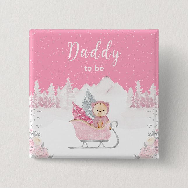 Badge Carré 5 Cm Hiver Ours Rose Sleigh Papa être (Devant)