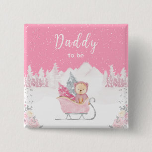 Badge Carré 5 Cm Hiver Ours Rose Traîneau Papa À Venir