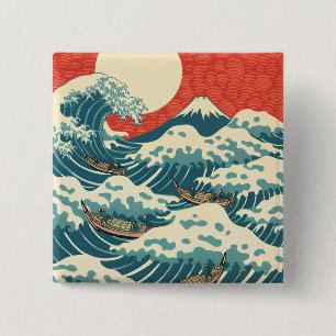 Badge Carré 5 Cm Hokusai Grande Vague Rétro Art Japonais