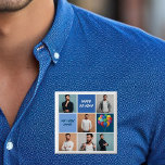 Badge Carré 5 Cm Hommes Photo Collage personnalisé bleu fête d'anni<br><div class="desc">Cool personnalisé bouton fête d'anniversaire avec un collage 6 modèle photo d'un homme et son nom sur les carrés bleus à côté des ballons amusants. Décor d'anniversaire heureux personnalisé pour un garçon ou un ado.</div>