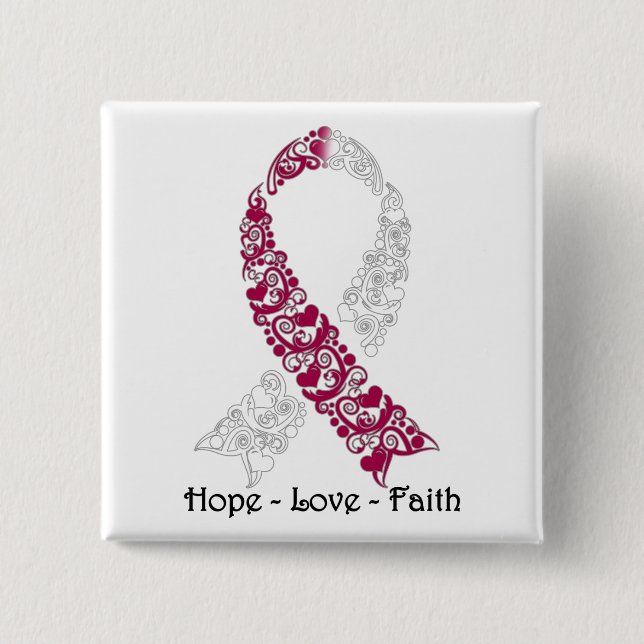 Badge Carré 5 Cm Hope Burgundy et White Awareness Ribbon (Devant)