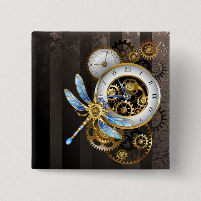 Badge Carré 5 Cm Horloge à vapeur avec libellule mécanique (Devant)