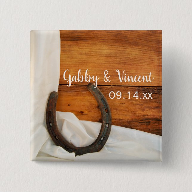Badge Carré 5 Cm Horseshoe et White Satin Country Barn Mariage (Devant)
