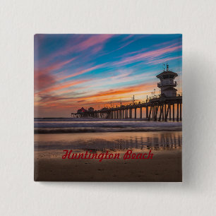 Badge Carré 5 Cm Huntington Beach Pier au coucher du soleil