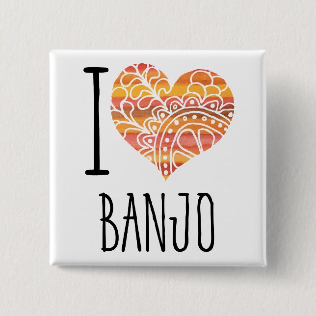 Badge Carré 5 Cm I Love Banjo Orange Mandala Heart (Devant)