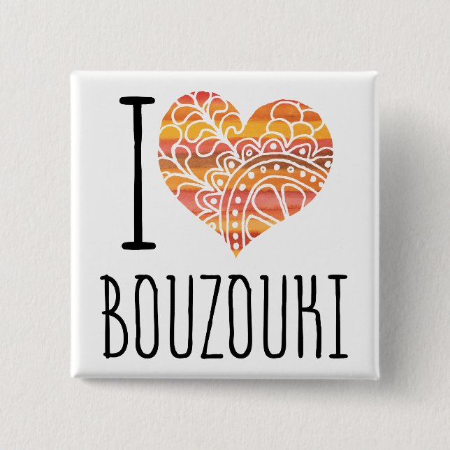 Badge Carré 5 Cm I Love Bouzouki Orange Mandala Heart (Devant)