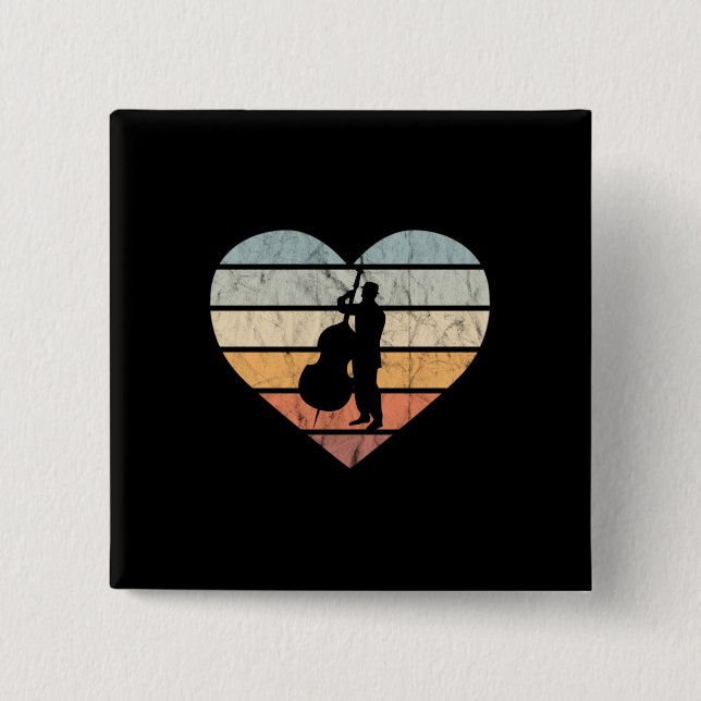Badge Carré 5 Cm I Love Double Basse Coeur Rétro (Devant)