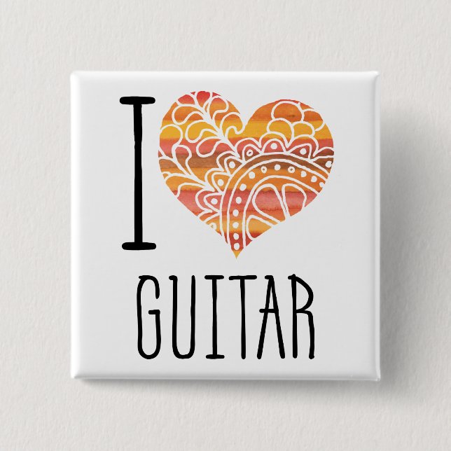 Badge Carré 5 Cm I Love Guitar Orange Mandala Heart (Devant)