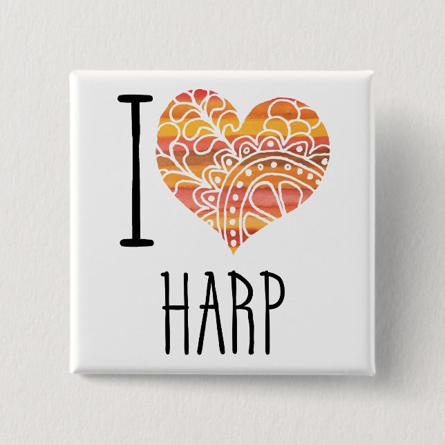 Badge Carré 5 Cm I Love Harp Orange Mandala Heart (Devant)