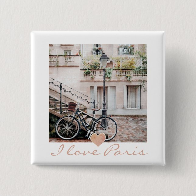 Badge Carré 5 Cm I Love Paris Cobblestone Street Bicycle (Devant)